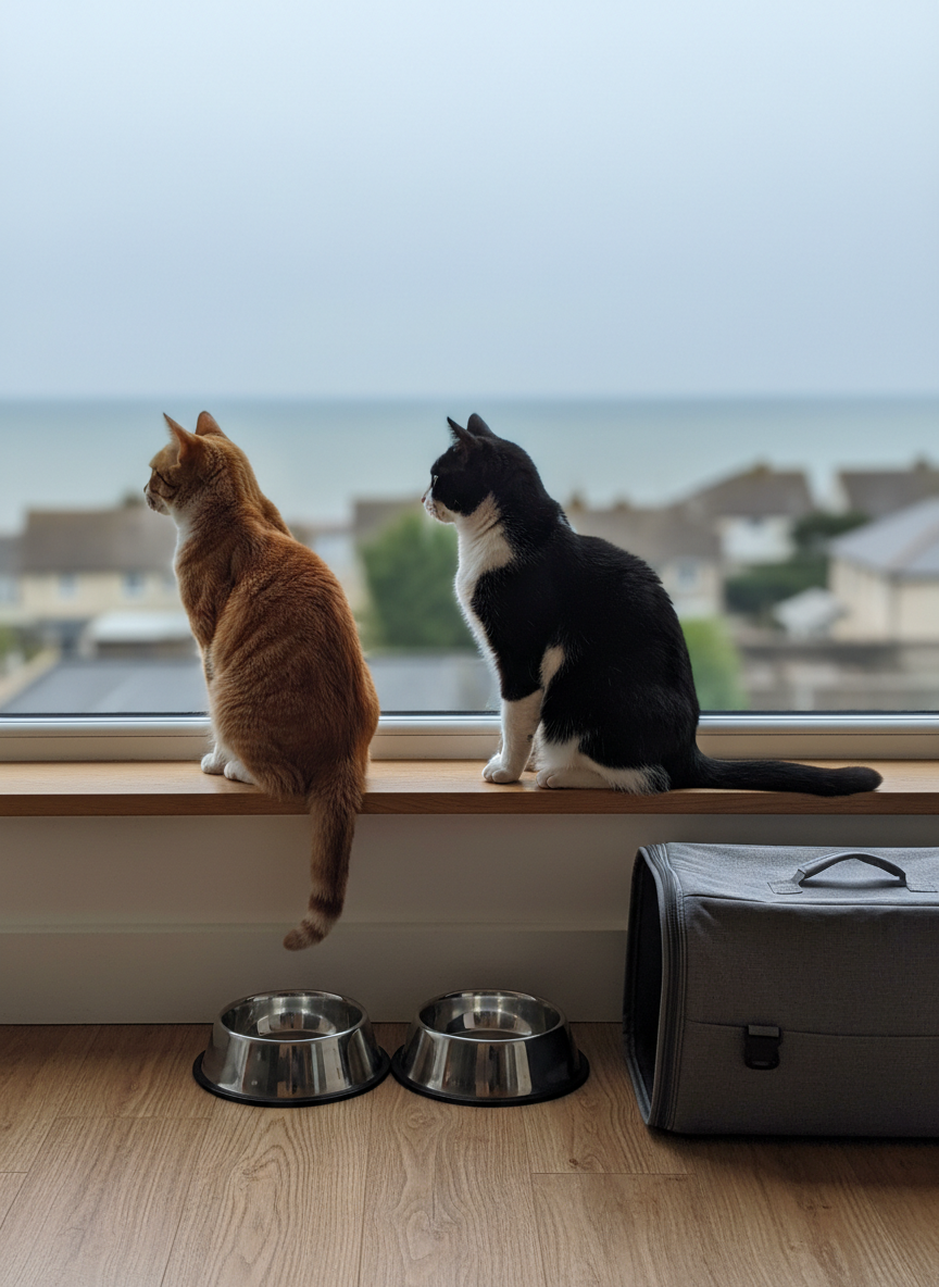 Two well-groomed domestic short-haired cats, one ginger and one black-and-white, sit side by side on a light oak windowsill, gazing out at a distant view of the sea and rooftops of Seaford houses. Their fur looks soft and glossy, whiskers delicately lit by cool, overcast daylight streaming through the glass. A neatly arranged set of stainless food bowls and a closed carrier rest on the floor below. Photographic realism, composed with the rule of thirds, subtle bokeh outside the window, creating a tranquil, responsible atmosphere that suggests attentive cat sitting in a familiar home environment.