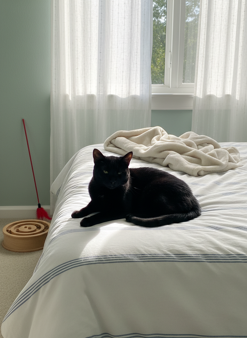 A cozy, sunlit bedroom where a short-haired black cat lounges confidently at the foot of a neatly arranged bed, surrounded by a few carefully placed enrichment toys: a feather wand, a puzzle feeder, and a soft fleece blanket. The bedding is crisp white with a subtle blue stripe, complementing the pale coastal-colored walls. Morning sunlight pours through sheer curtains, creating soft highlights on the cat’s sleek fur and gentle shadows across the duvet. Photographic realism, minimalist and uncluttered composition using the rule of thirds, conveying serene, stress-free cat sitting that keeps cats relaxed in their own home.