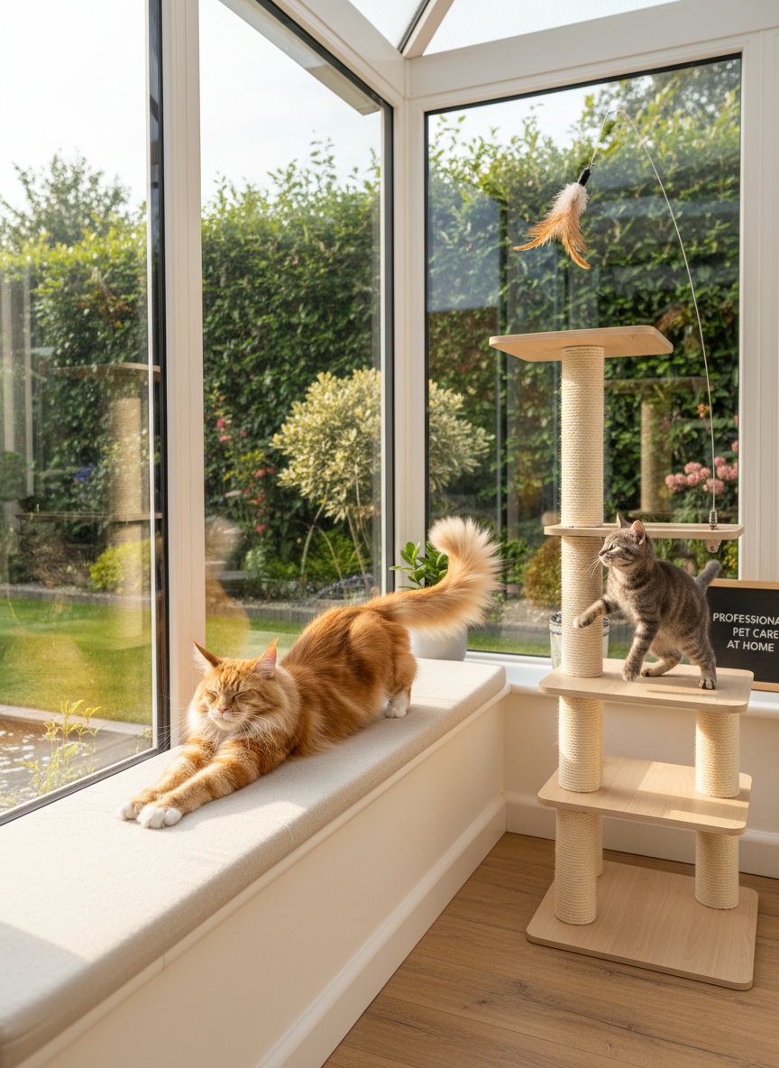 A spacious, light-filled conservatory with large windows looking out onto a small, enclosed garden. A ginger Maine Coon cat stretches out on a padded window seat, while a second, smaller grey cat plays with a dangling toy attached safely to a nearby cat tree. Bright but soft mid-morning sunlight floods the room, creating subtle highlights on the cats’ fur and reflections on the glass. Photographic realism, wide-angle shot with sharp focus throughout, clean and modern aesthetic, communicating safe indoor enrichment and contentment for cats being looked after at home by a professional service.