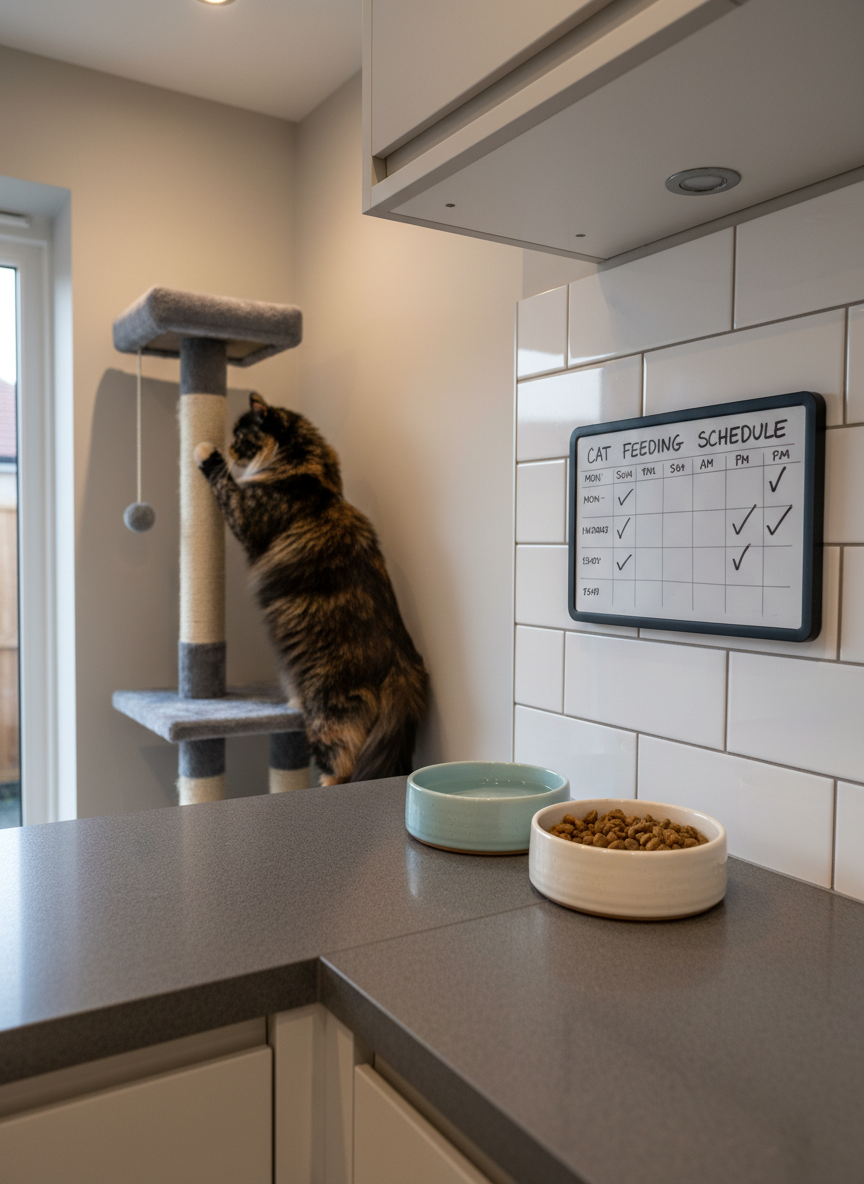 A tidy kitchen corner in a modern Seaford home, with a sleek grey countertop holding two ceramic cat bowls filled with fresh food and water, beside a labelled daily feeding schedule on a small magnetic whiteboard. A fluffy long-haired tortoiseshell cat rubs gently against a sturdy sisal scratching post in the background. Soft warm ceiling lighting combines with faint early evening natural light from an unseen window, creating a cozy but professional mood. Photographic realism, shot from a slightly elevated angle for clarity, sharp focus throughout to highlight organization, cleanliness, and reliable in-home cat care.