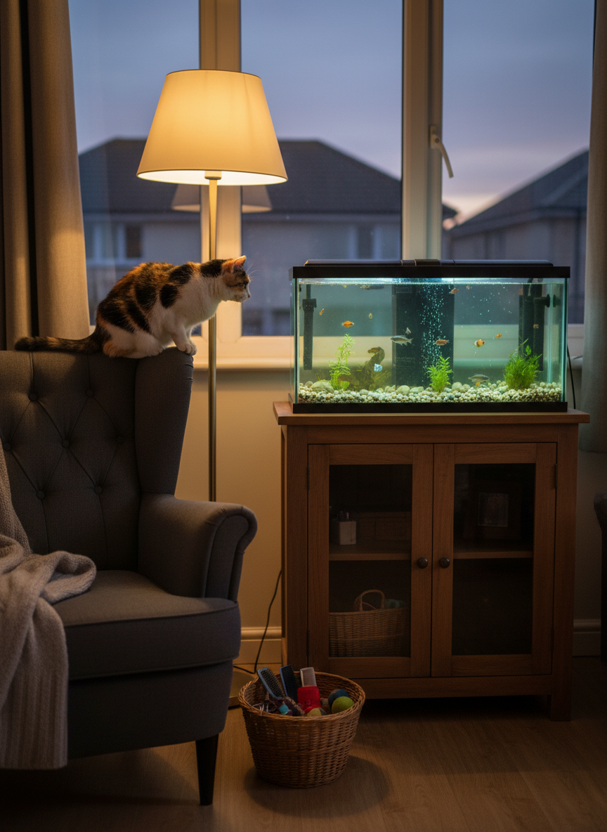A warm living room corner at dusk in a Seaford home, where a calico cat perches on the back of a comfortable grey armchair, watching a softly bubbling aquarium on a nearby cabinet. A floor lamp with a fabric shade casts gentle, warm light, creating a calm, cozy glow on the cat’s patterned fur. A tidy basket of grooming tools and spare toys is placed neatly under the cabinet. Photographic realism, slightly elevated angle, balanced composition with subtle depth of field, evoking a sense of continuous, attentive presence and enrichment provided during professional cat sitting visits.