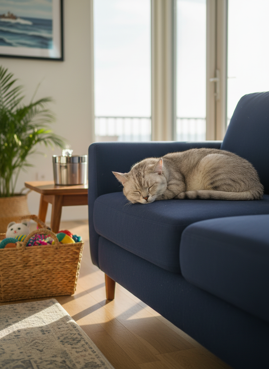 A plush silver tabby cat with bright green eyes naps peacefully on a neatly made navy-blue sofa in a tidy seaside living room. A woven basket of cat toys sits nearby, and a stainless-steel water fountain glistens on a low side table. Soft afternoon natural light filters through a large window, casting gentle shadows and a warm, inviting glow across the scene. Photographic realism, clean and modern aesthetic, shot at eye level with a shallow depth of field so the cat is in crisp focus while the background gently blurs, conveying calm, professional in-home cat care without any human presence.