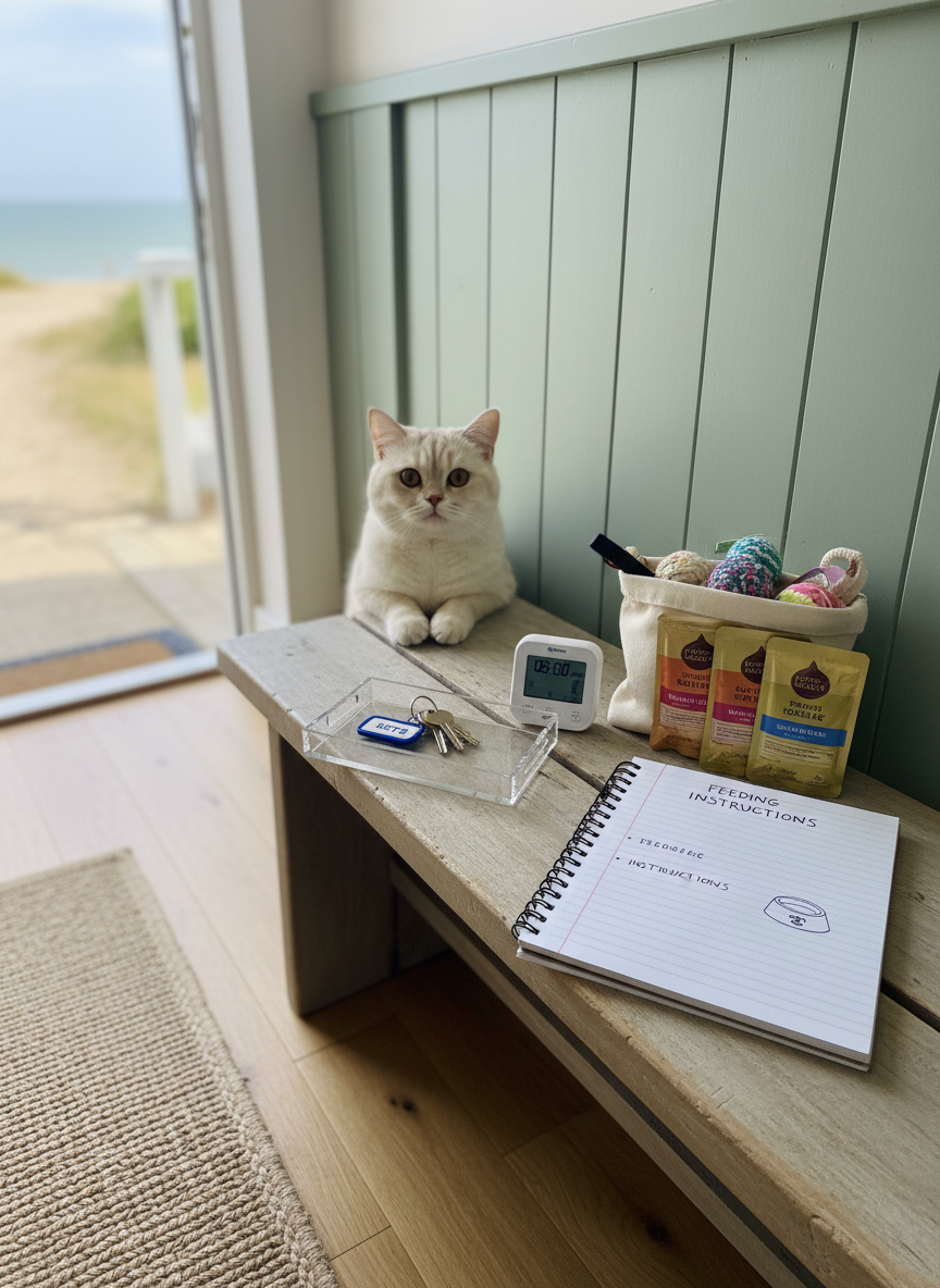 An organized entryway of a coastal home in Seaford, featuring a low wooden bench with a neatly packed cat care kit on top: labelled keys, a small notebook with feeding instructions, a digital timer, spare toys, and extra packets of premium cat food. A curious cream-colored British Shorthair cat peers from behind the bench, only its round face and paws visible. Natural diffused daylight from an open doorway brightens the scene, giving a calm, trustworthy mood. Photographic realism, eye-level composition with moderate depth of field, emphasizing preparation, professionalism, and reliability of an in-home cat sitting service.